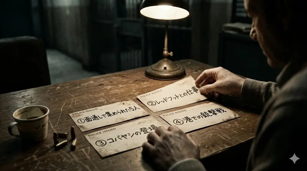 映画『ユージュアル・サスペクツ』のストーリー展開(面通し、レッドフット、コバヤシ、銃撃戦)を象徴する、整理された4枚のインデックスカードと男の手