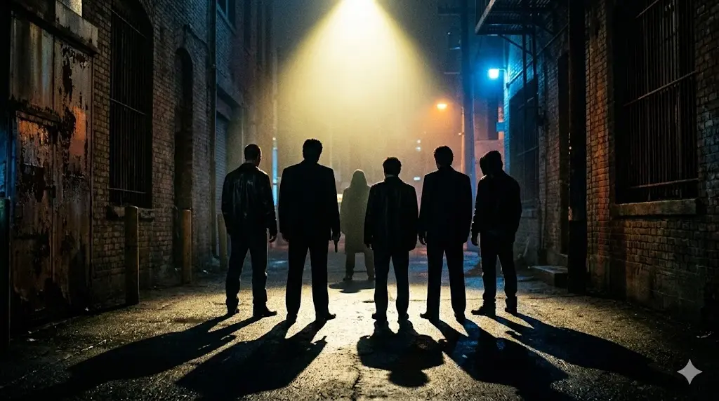 雨の夜の路地裏でトラックのライトに照らされる5人の犯罪者たちのシルエット