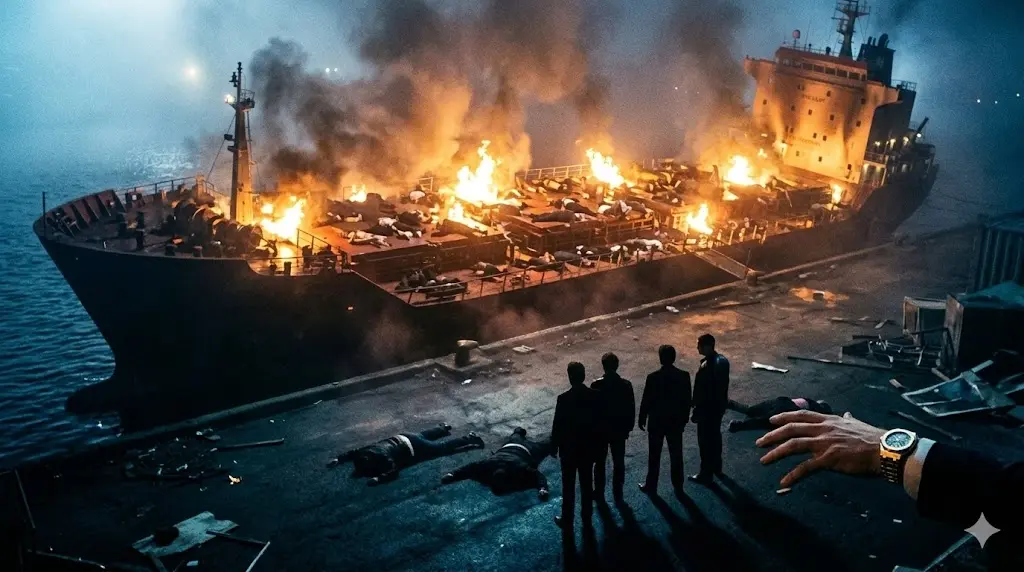 サンペドロ港の船の爆発炎上と、横たわる多数の遺体、生存者ヴァーバルの視点