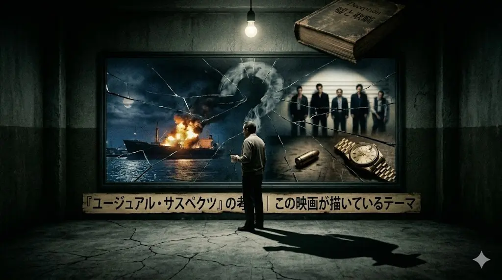 映画『ユージュアル・サスペクツ』のテーマである「欺瞞」と「現実の認識」を象徴する、砕けた鏡に映るクイヤン捜査官とカイザー・ソゼのシルエット画像