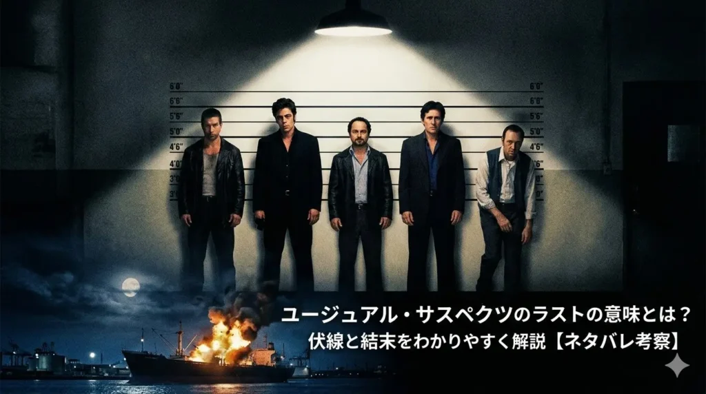 映画『ユージュアル・サスペクツ』の警察の面通しシーンと燃える港の背景画像