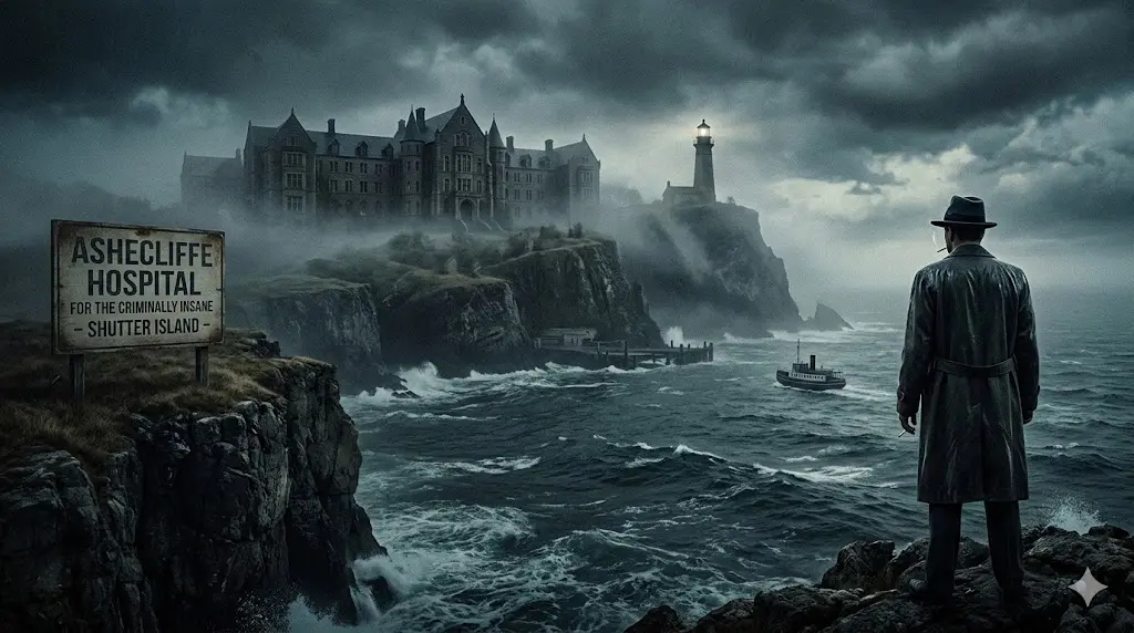 荒れ狂う嵐の海に囲まれた、霧に煙る孤島「シャッターアイランド」。崖の上にそびえる不気味なアッシュクリフ病院と灯台、手前の岩場に立つトレンチコート姿の男のシルエットが、映画の持つ心理サスペンスの緊張感と謎を象徴的に表現している。