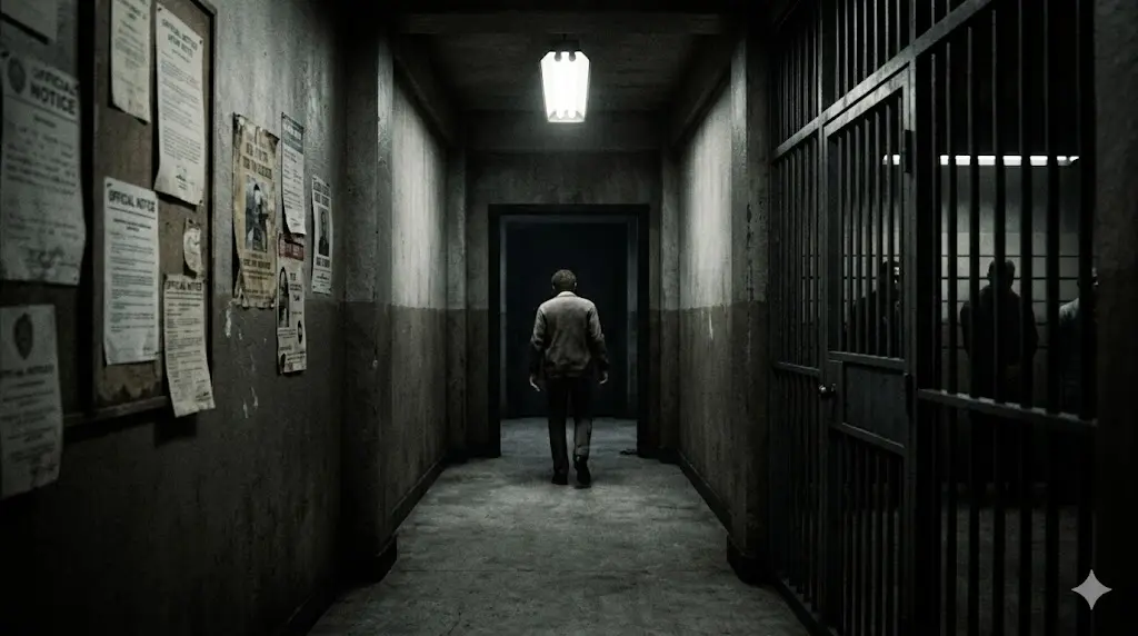 映画『ユージュアル・サスペクツ』のテーマである「信頼できない語り手」を象徴する、警察署の廊下を去る男の後姿