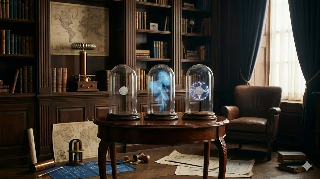 見出し「『プレステージ』とはどんな映画？」のアイキャッチ。ヴィクトリア朝の重厚な書斎に置かれた3つのガラスドームが、マジックの三段階（普通のコイン、消えた煙、再び現れる電気的なコイン）を象徴的に表現している、ミステリアスでクラシックな雰囲気の画像。