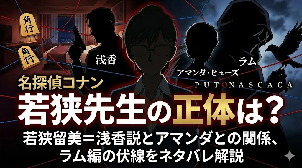『名探偵コナン』の若狭留美先生をフィーチャーした、ドラマチックでミステリアスなアニメーションポスター。中央に若狭先生が眼鏡をかけており、背景には赤い糸が張り巡らされたホテルの部屋が描かれている。左上には銃を持つ浅香のシルエット、右上にはカラスを連れたフード姿のラムとアマンダ・ヒューズのシルエットがある。画像中央には、大きな文字で「若狭先生の正体は？」と書かれている。上部には、タイトル文「若狭留美＝浅香説とアマンダとの関係、ラム編の伏線をネタバレ解説」がある。ラムのシルエットの下には「P U T O N A S C A C A」というテキスト。左上には将棋の駒（角行）。
