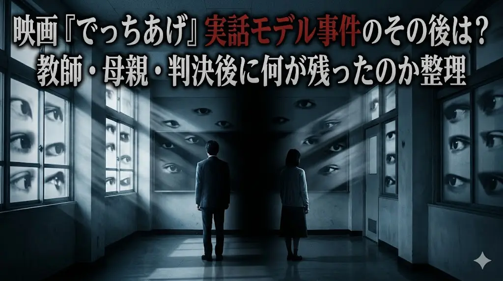 「映画『でっちあげ』実話モデル事件の『その後』を象徴するアイキャッチ。廊下で背を向けた二人の人物（教師と母親）が、周囲の無数の目から凝視され、孤立している様子。上部には記事タイトルが配置されている。」