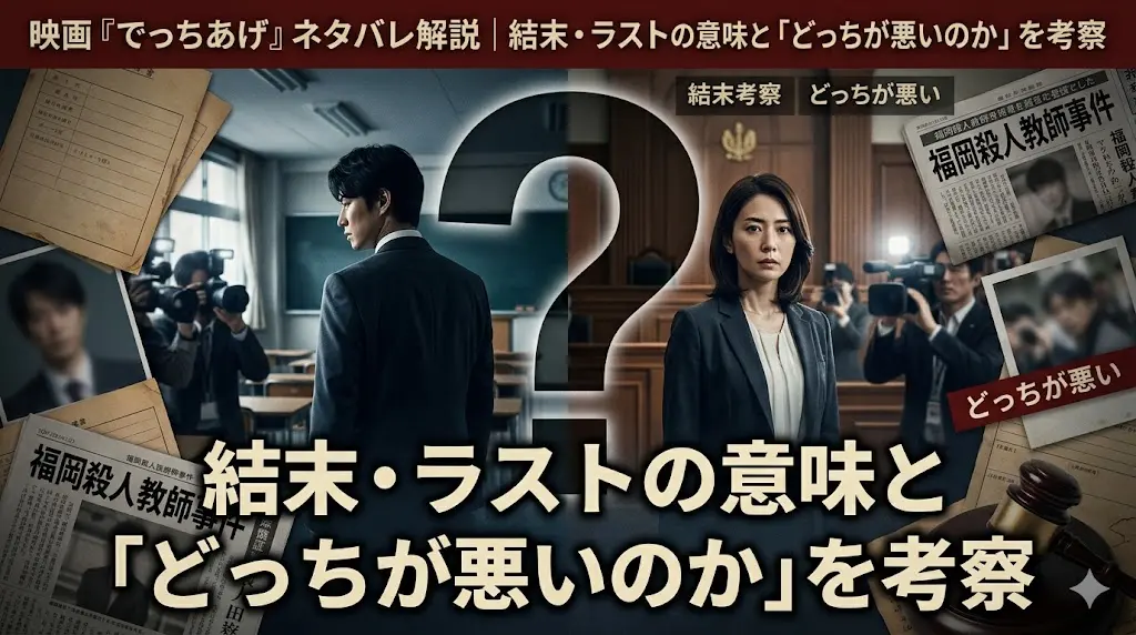 映画『でっちあげ』ネタバレ考察記事のアイキャッチ。中央の大きなクエスチョンマークの中に、教室の教師と法廷の母親が物語のフレームで区切られて描かれ、周囲には裁判の道具やメディアが配置されている。上部と中央に『結末・ラストの意味と「どっちが悪いのか」を考察』という記事タイトルが記載されている。