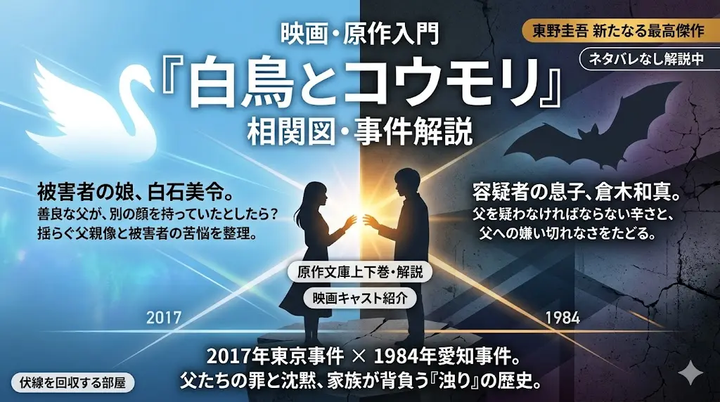 東野圭吾の小説『白鳥とコウモリ』の映画・原作入門アイキャッチ画像。画面は中央でブルー系の左（白い白鳥アイコン、被害者の娘・白石美令、2017年）とダーク系の右（黒いコウモリアイコン、容疑者の息子・倉木和真、1984年）に分かれている。上部には大きく『映画・原作入門 『白鳥とコウモリ』 相関図・事件解説』というタイトル。中央には、夕暮れの街を背景に手を伸ばし合う男女のシルエットがある。下部には『2017年東京事件 × 1984年愛知事件。父たちの罪と沈黙、家族が背負う『浊り』の歴史。』というサマリーが記述されている。右上には『東野圭吾最高傑作』、『ネタバレなし解説中』のバッジがある。現代的なデザイン。