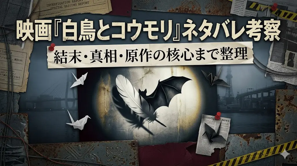 映画『白鳥とコウモリ』ネタバレ考察のタイトルアイキャッチ。白い羽と黒いコウモリのシルエットを中央に配置し、結末・真相・原作の核心を整理する記事用デザイン。