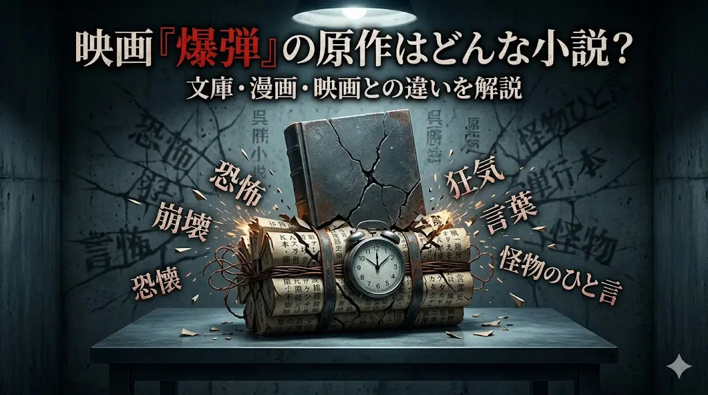暗い取調室に置かれたテーブルの上に、古びた本でできた爆弾が置かれている。本の束にはタイマーと錆びたワイヤーが取り付けられ、その上にはひび割れた黒い本が置かれている。画像上部には「映画『爆弾』の原作はどんな小説？」「文庫・漫画・映画との違いを解説」というテキストが配置されている。爆弾周辺には「恐怖」「狂気」「崩壊」「言葉」「怪物」などの文字が爆発のように飛び散り、不気味な顔とテキストが壁に描かれている。