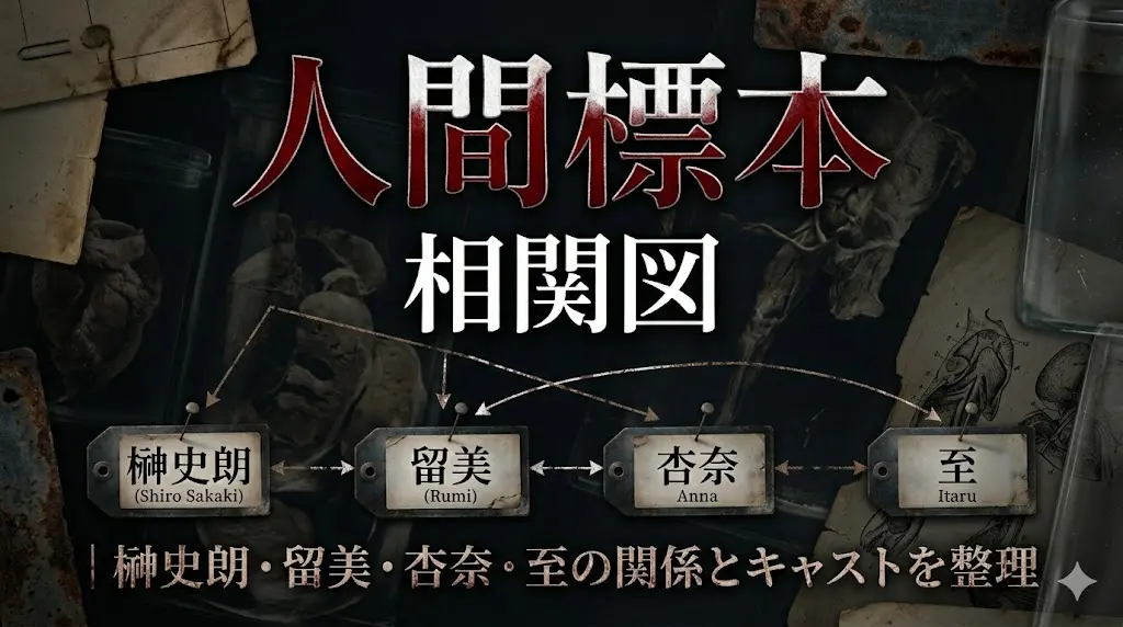 Gemini の回答 代替テキスト 「『人間標本』という大きな赤いタイトルの下に、『相関図』と書かれた、ダークで不気味な解剖室を背景にしたキャラクター関係図。4人の主要キャラクター（榊史朗、留美、杏奈、至）の名前が書かれた金属製のラベルが左から並び、複雑な矢印で互いに結ばれて関係性を示している。背景には、古紙や錆びた金属、人体標本や解剖図の断片が配置されている。さらに、図の下部には『榊史朗・留美・杏奈・至の関係とキャストを整理』という説明テキストがある。」