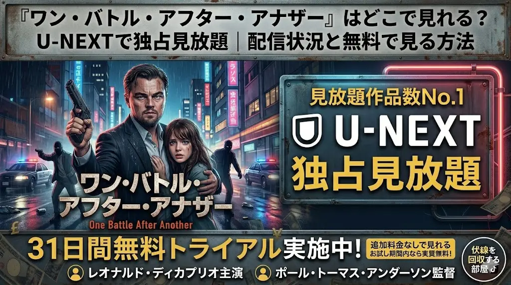 暗い夜の街並み背景に、レオナルド・ディカプリオ主演の架空映画『ワン・バトル・アフター・アナザー』の配信情報をまとめた16:9ブログアイキャッチ。中央上部に大きなタイトル「『ワン・バトル・アフター・アナザー』はどこで見れる？ U-NEXTで独占見放題｜配信状況と無料で見る方法」と書かれている。左側に、 determinedな表情で銃を構えるスーツ姿の男性（ディカプリオ）が、怯えた表情の少女を抱きかかえながら、パトカー（現実的な Crown Vic と modern cruiser、リアルな赤青緊急ライトが反射）や、他の masked figures（黒いバラクラーバ、現実的なGlockピストルを持つ）、雨に濡れたアスファルトに反射する neon の街並みのゲートウェイ（現実的なLA風の夜の街並み）の前に立っている。右側に「U-NEXT 独占見放題」「見放題作品数No.1」のロゴ（現実的な金属とネオンのパネルに配置）と、その下に「31日間無料トライアル実施中！」「お試し期間内なら実質無料！」と書かれた金属パネルがある。下部に「レオナルド・ディカプリオ主演」「ポール・トーマス・アンダーソン監督」と「伏線を回収する部屋♪」のクレジットがある。全体は暗く、 film-noir のパレット（冷たい青、暖かいネオン、高粒子テクスチャ）で、リアルな雨と弾殻、都市の廃棄物が舞っている。