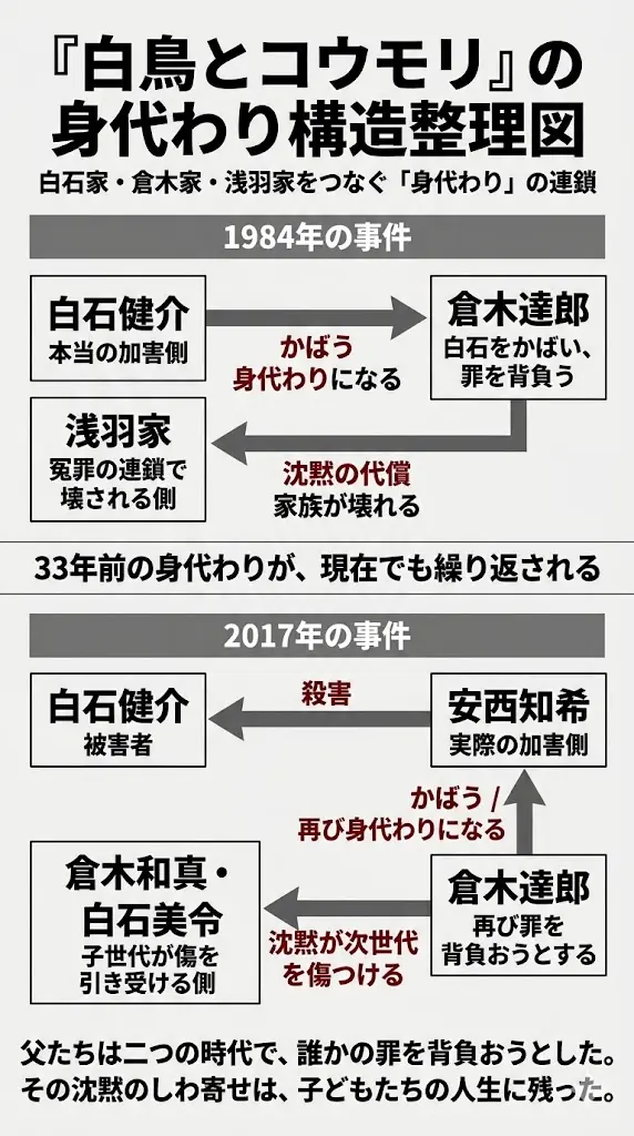 東野圭吾の小説『白鳥とコウモリ』における「身代わり」の連鎖構造を整理した、日本語の縦長インフォグラフィック。白、黒、グレーを基調に、重要なキーワードや矢印を暗い赤で強調している。

上部に大きく『白鳥とコウモリ』の身代わり構造整理図とサブ見出し「白石家・倉木家・浅羽家をつなぐ「身代わり」の連鎖」がある。

図は上下2段構成で、上段は「1984年の事件」、下段は「2017年の事件」を表す。2つの段の間に、中央説明として「33年前の身代わりが、現在でも繰り返される」というテキストがある。