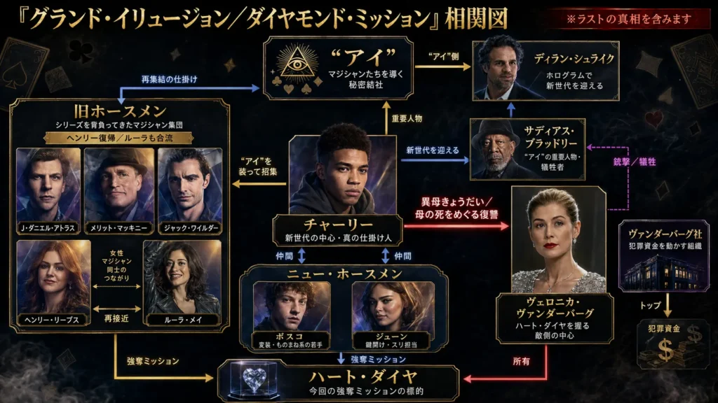 映画『グランド・イリュージョン/ダイヤモンド・ミッション』の旧ホースメン、新世代マジシャン、チャーリー、ヴェロニカ、サディアス、アイの関係を整理した相関図