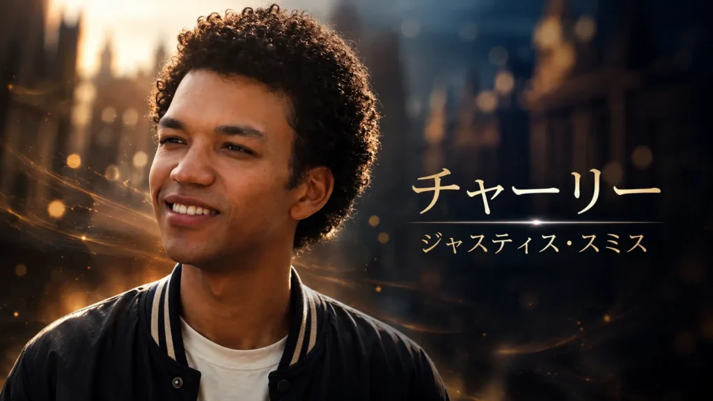 映画『グランド・イリュージョン/ダイヤモンド・ミッション』のチャーリーと俳優ジャスティス・スミスを紹介するプロフィール画像
