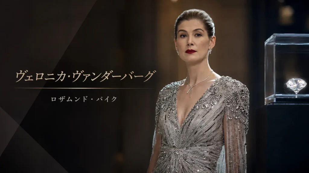 映画『グランド・イリュージョン/ダイヤモンド・ミッション』のヴェロニカ・ヴァンダーバーグと俳優ロザムンド・パイクを紹介するプロフィール画像