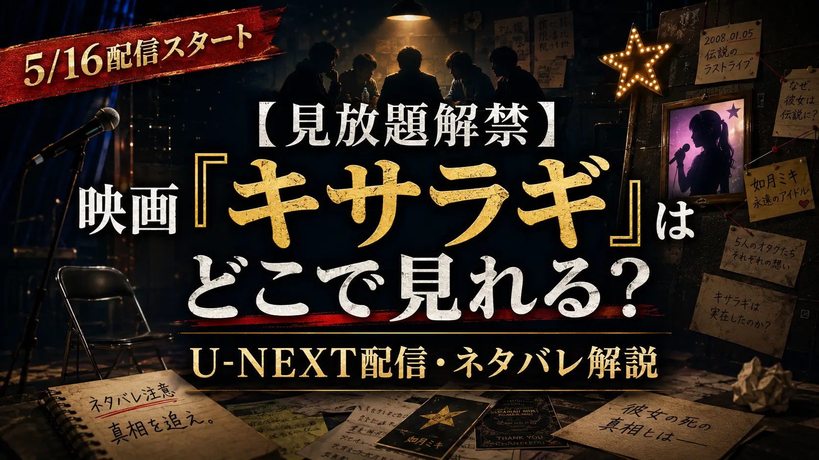 映画『キサラギ』の見放題解禁・U-NEXT配信・ネタバレ解説記事用アイキャッチ画像。密室サスペンスの雰囲気と如月ミキの謎、どんでん返しの伏線を表現したビジュアル。