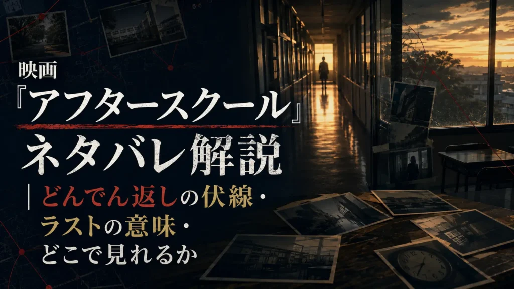 映画『アフタースクール』のネタバレ解説記事用アイキャッチ画像。どんでん返しの伏線、ラストの意味、どこで見れるかを紹介するシネマティックでミステリアスなビジュアル。